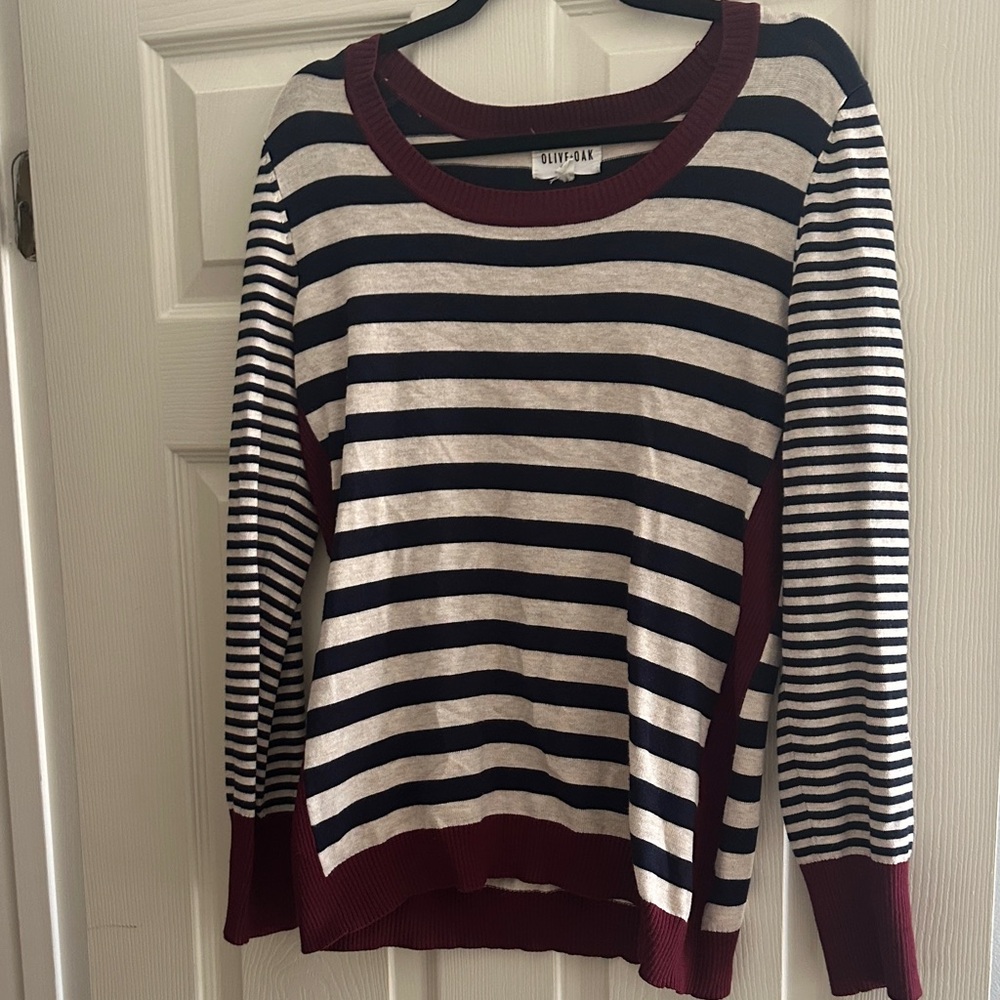 Olive & Oak Black and White Striped Sweater with Burgundy Accents